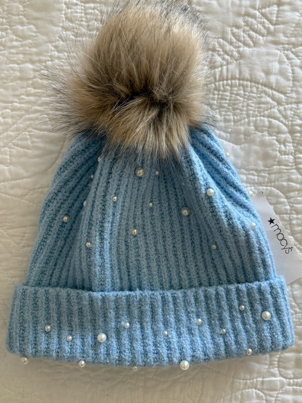 Style & Co Macy’s Light Blue Pearl Embellished Pom Beanie Hat